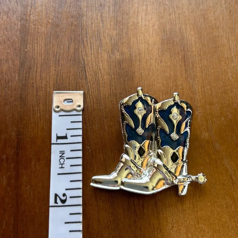 Vintage Silver Tone Cowboy Boots Brooch | Blue Enamel & Rhinestone Western Pin